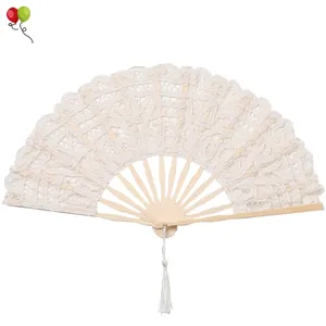 Éventail portable pliable en dentelle, en coton, brodé, avec feuilles en bambou, pour décoration de mariage, fête de danse, H0293