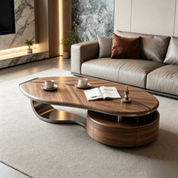 Nouvelle table basse scandinave moderne en forme de feuille, créative et unique, avec plateau en bois de noyer et structure en acier, pour un intérieur non conventionnel