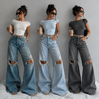 Jean évasé tendance déchiré et vieilli pour femme, taille haute, délavage vintage, style streetwear, pantalon en denim à jambe large, fabricant
