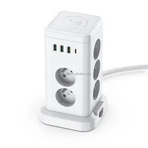 2022 new french power strip tower with USB 3.4a france vertical socket in 11 AC outlets 4USB