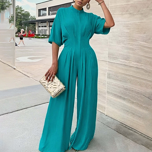 Combinaison bleu lac personnalisée pour femmes, col rond, manches chauve-souris, taille haute, jambes larges, salopette boutonnée - Product Image 4