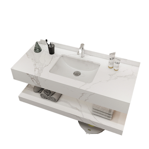 Moderno Lavabo Flotante de Cerámica Resistente al Agua, Mueble de Baño de Piedra Sinterizada Ecológico y Duradero, Montado en la Pared, con Espejo - Product Image 1