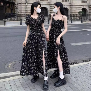 Black Floral Print Dress Women 2025 Summer French Style Puff Sleeve Elastic Waist Long Princess Dress With Slit Daily Wear - Product Image 1