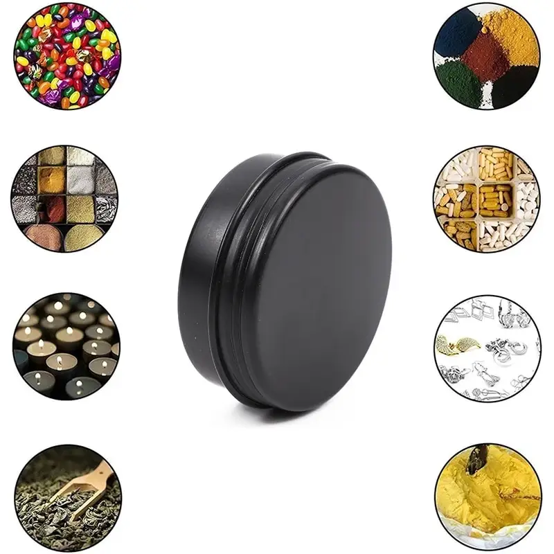 Envases de hojalata mate negros de doble cara redondos de grado alimenticio, tarro de aluminio con tapa, 5G, 10g, 15g, 25g, 30g, 60g, 1oz, 2 onzas