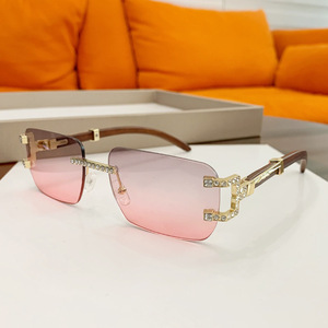 Lunettes de soleil vintage en métal et bois avec monture carrée, lunettes pour hommes style rétro, lunettes pour femmes sans monture avec strass et diamants - Product Image 3