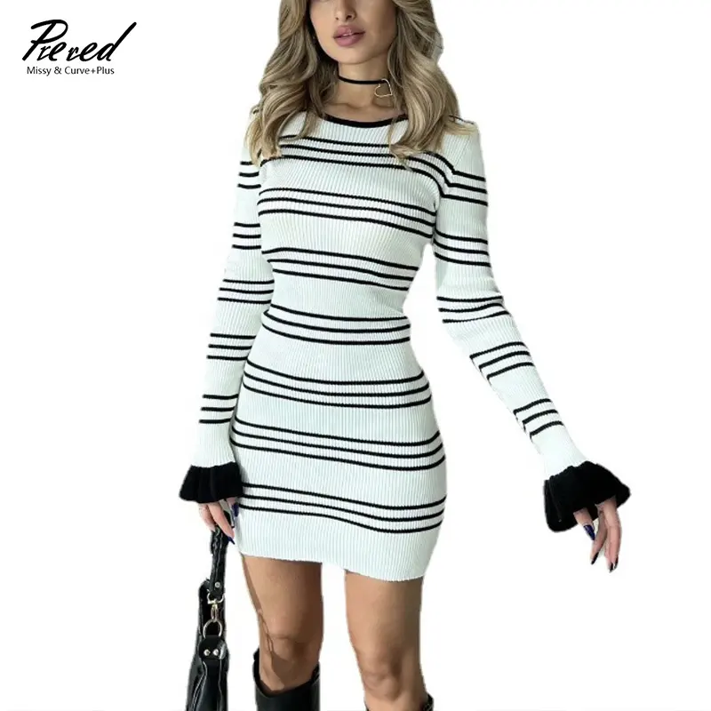 Amazon Top Selling 2023 Black And White Striped Knitted Dress Bodycon Sexy Tight Mini Dress
