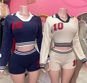 Ensemble 2 pièces en dentelle tricotée pour <span class=keywords><strong>femme</strong></span>, haut à manches courtes et col rond, et short, style streetwear - Product Image 3