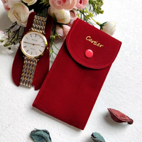 Penjualan Terbaik kustom Logo mewah Flap Cina merah Suede beludru kulit jam tangan kantong untuk pria untuk Kalung kacamata cincin kemasan