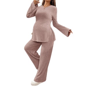 Conjunto de Maternidad de 2 Piezas para Mujer Embarazada, Modelo 2026, con Top de Manga Campana y Abertura, y Pantalones de Punto con Cintura Ajustable - Product Image 5