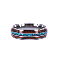 Bague en bois opale de feu bleue hawaïenne et Koa, argent tungstène, bande de 8mm