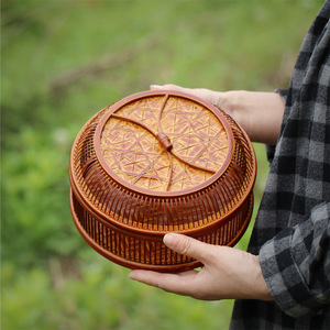 <b>Bamboo</b> Woven Covered Fruit Basket Round Handmade Food <b>Container</b> Kitchen Storage Basket Single Tier - Product Image 1