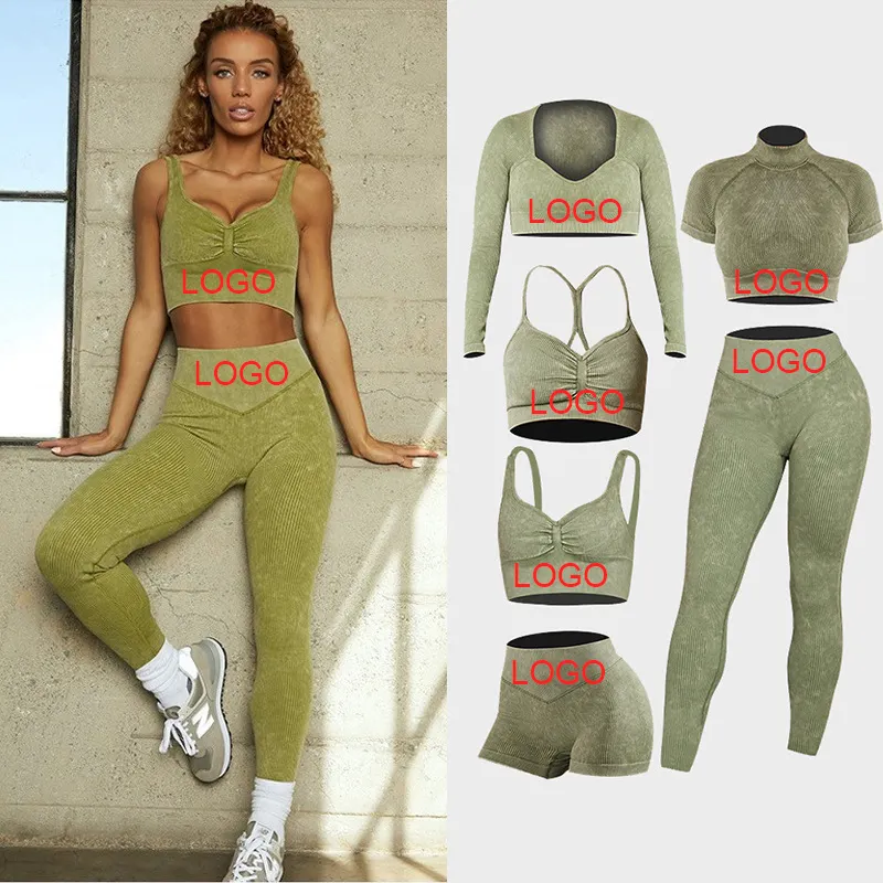 Großhandel 6 stück rippen yoga tragen active wear sportswear fitness anzug grün nylon spandex scrunch butt leggings und <span class=keywords><strong>bh</strong></span> set