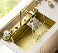 Hochwertige Edelstahl-Spüle mit Goldener Oberfläche und Wabenstruktur, Handgefertigte Multifunktionale Küchenspüle mit Digitalanzeige und Ausziehfunktion