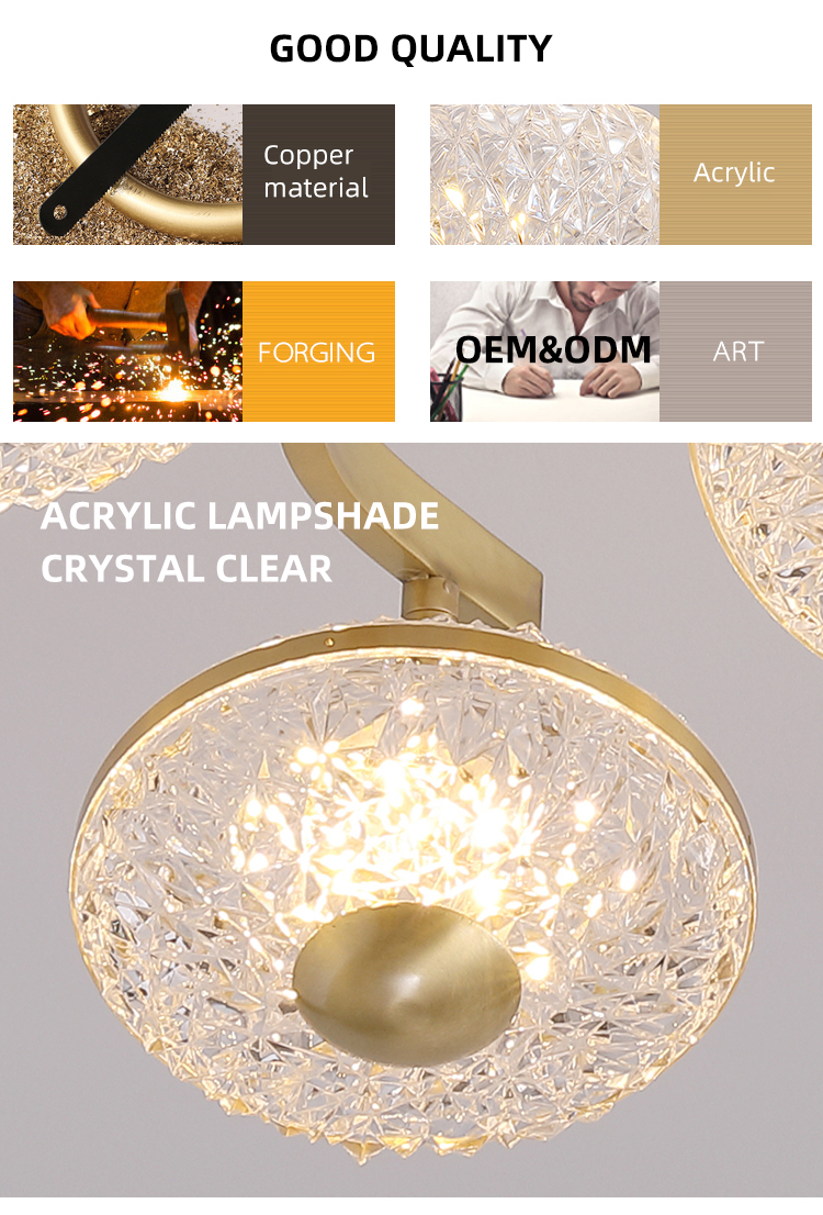 Hot Selling Modern Acrylic Copper Hanging Light Fixture Luxury Indoor Led Pendant Light Chandeliers