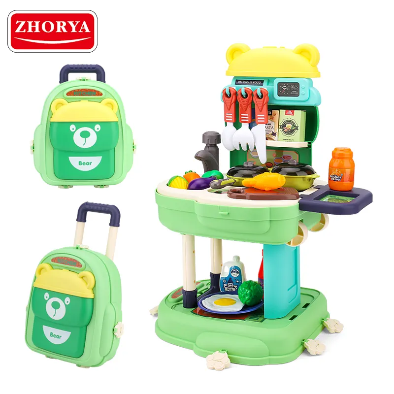 Zhorya 2023 new 34pcs toy kitchen set 3 in 1 school bag backpack trolley baby kids play kitchen toys for kids