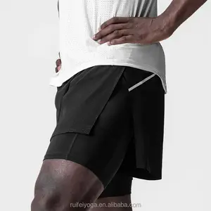 Oem Custom Lichtgewicht Ademende High Split Side Workout Atletische Heren 2 In 1 Mesh Hardloop Gymshorts Met Compressie Liner