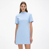 Nouvelle Robe Mini Femme Élégante d'Été en Crêpe Structuré Bleu Poudré à Col Montant et Manches Courtes, Coupe Trapèze Minimaliste Personnalisée