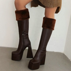 Winter Fur Top Turn Over Women Platform Knee High <b>Boots</b> Square Toe Long Booties High Chunky Heels Shoes - Product Image 5