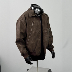 Blouson Bomber <span class=keywords><strong>Homme</strong></span> en Cuir Marron Coupe Ample Tendance Automne avec Col Revers et Fermeture Éclair Style Motard Vintage Américain - Product Image 2
