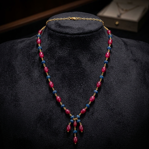 Collier Lariat Perlé Bleu Bordeaux avec Chaîne Plaqué Rhodium pour Femme – Bijou Minimaliste Tendance pour Mariage - Product Image 5