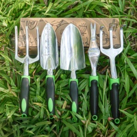 Mini kit d'outils de jardinage manuels en acier inoxydable et plastique avec fourche, pelle, bêche, râteau - Kit de jardinage extérieur durable