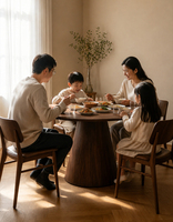 Table à manger ronde sur piétement conique massif, placage en bois de noyer, plateau fixe en MDF