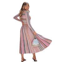 Nouvelle Robe Printemps Haut de Gamme Européenne et Américaine à Manches Longues, Col en V, Rayée, Tricotée, Cintrée à la Taille, Coupe Trapèze, Color-Blocking