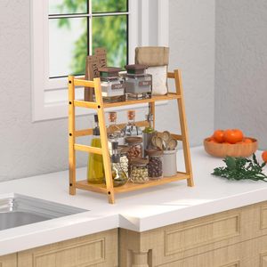 Organizador de Especias para Encimera, <span class=keywords><strong>2</strong></span> Niveles, Multifuncional, Estantes de Almacenamiento de Bambú Independientes para Cocina - Product Image 1