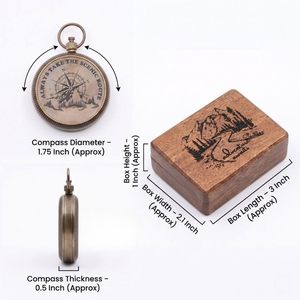 Vintage Brass <b>Compass</b> with Wooden Box <b>Engraved</b> Adventure Awaits Hiking Gift Portable Analog Hanging Ring Guide - Product Image 4