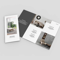 Échantillon de brochure produit pliée en trois avec logo personnalisé imprimé, papier couché/artistique, impression offset, pelliculage.