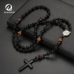 Collana <span class=keywords><strong>Rosario</strong></span> Cristiana in Pietra Naturale all'Ingrosso, con Perle di Pietra Lavica Vulcanica, Occhio di Tigre e Ferro, Ciondolo a Croce, Gioielli da Uomo - Product Image 5