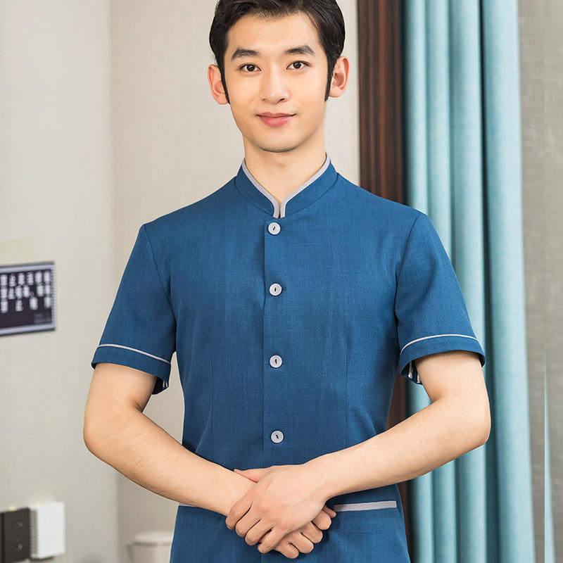 Blue men's [turn-down collar cleaning] short sleeve