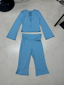 Y2K Solid Keyhole Tie Neck Flare Long Sleeve Top Cropped Capri Pants 2 Piece Outfit Women Slim Fitted Matching <b>Set</b> - Product Image 6