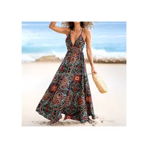 فستان شاطئ طويل أنيق وعصري لعام 2024 بطباعة زهور وحمالات رفيعة بدون أكمام للنساء في العطلات - Product Image 1