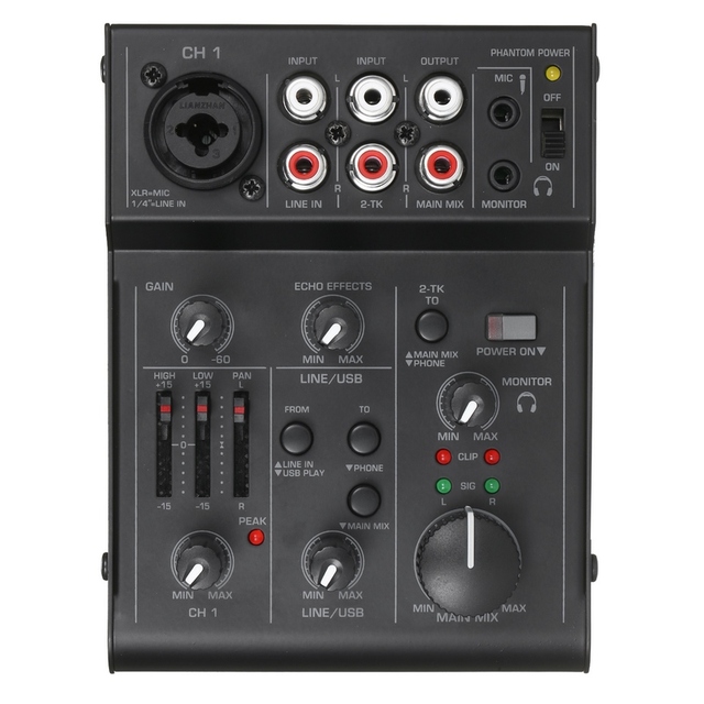 5-Channel Compact Audio Mixer Sound Mixing Console USB Audio Interface 2-Band EQ Built-in Echoing Effect for DJ Recording