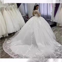 LY-WD0263 Robe de mariée classique élégante ivoire, style princesse, en dentelle, col rond, manches longues, traîne balayante, grandes tailles pour la mariée