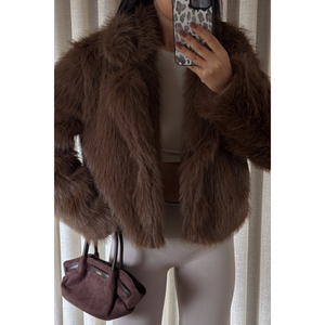 Abrigo Corto de Piel Sintética Marrón con Cierre de Botones a Presión, Método de Tejido Entrecruzado y Diseño de Una Sola Fila de Botones - Product Image 2