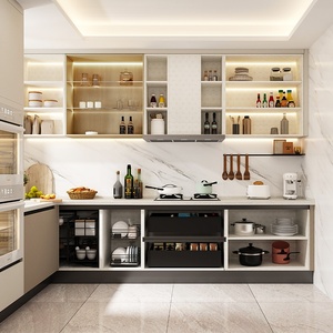 Ensemble <span class=keywords><strong>d</strong></span>'armoires de <span class=keywords><strong>cuisine</strong></span> beiges minimalistes modernes avec réfrigérateur et fours encastrés Santopova - Product Image 5