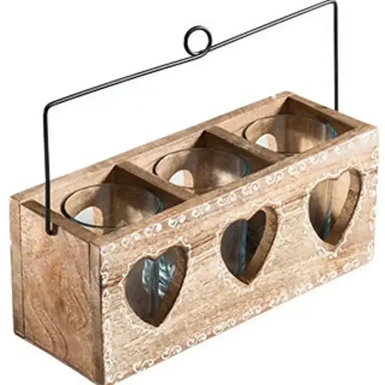 कस्टम देहाती पुलोनिया वोटिव मोमबत्ती बॉक्स धातु हैंडल के साथ लकड़ी मोमबत्ती ट्रे