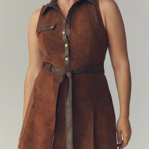 Nuevo Vestido Mini sin Mangas para Mujer, con Botones, de Ante Sintético, Cuello en V, con Lazos en la Espalda, Estilo Casual de Verano - Product Image 3