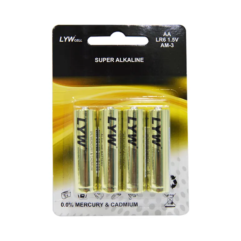 LYW 좋은 성능 1.5V 알카라인 배터리 LR6 AA 배터리 물집 카드 패키지 기본 배터리
