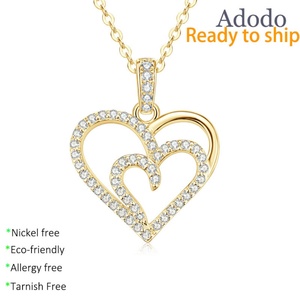 Wholesale Pure <b>Copper</b> 14K Gold Filled Pave Zircon Trendy Link <b>Chain</b> Double Layered Heart Pendant Necklace for Women - Product Image 1