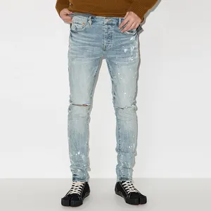 OEM custom high quality cotton paint splatter print blue denim ripped skinny jeans for men