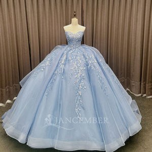 Vestidos de Quinceañera Azul Claro Brillante con Apliques, Cintura Natural, Fiesta, Flores 3D, Cuentas, Encaje, Cumpleaños, LSMC79 - Product Image 2