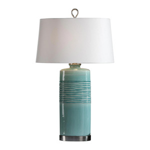 Lampe de table moderne en céramique côtelée de couleur turquoise avec base argentée |   Éclairage Calme et Élégant pour Hôtels, Cafés et Espaces de Travail Ouverts - Product Image 1