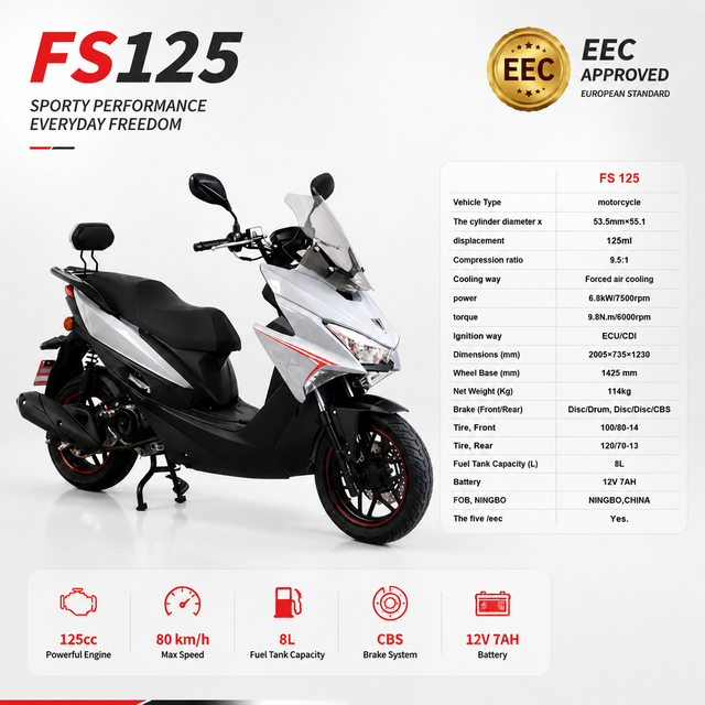 FS 125 125cc Sports Scooter Moped for Adults Urban Commuting City Riding Euro 5 Motorcycle Over 80km/h Forced Air Cooling