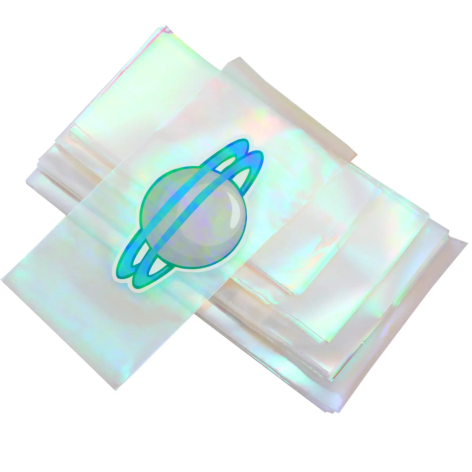 Şeffaf gökkuşağı temizle ön gümüş destekli küçük holografik Mylar kendinden yapışkanlı çanta alüminize plastik ambalaj