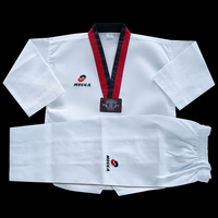 Tenue d'entraînement de Taekwondo unisexe, col en V, bordure rouge et noire, respirante, avec empiècements en filet, mousse EVA fine, doublure en polyester, personnalisable