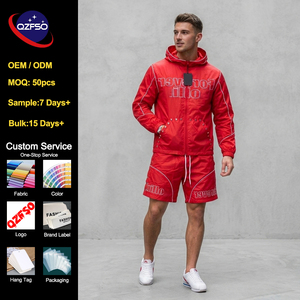 QZFSO Custom Logo Men Streetwear Hooded Zip Up Windbreaker <b>Jacket</b> and Shorts Set Two Piece Rhinestone Activewear Tracksuit - Product Image 1
