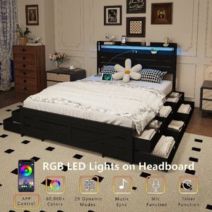 Lit plateforme Queen Size style farmhouse avec 12 tiroirs de rangement, éclairage LED, tête de lit avec rangement et station de charge pour chambre à coucher - Product Image 3